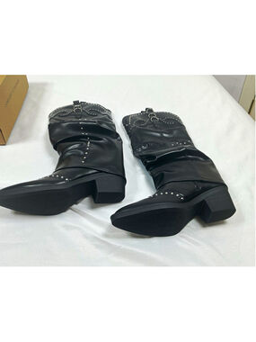 IDIFU Women’s Black Western knee high Studded Buckle Pointed Toe Boots 8